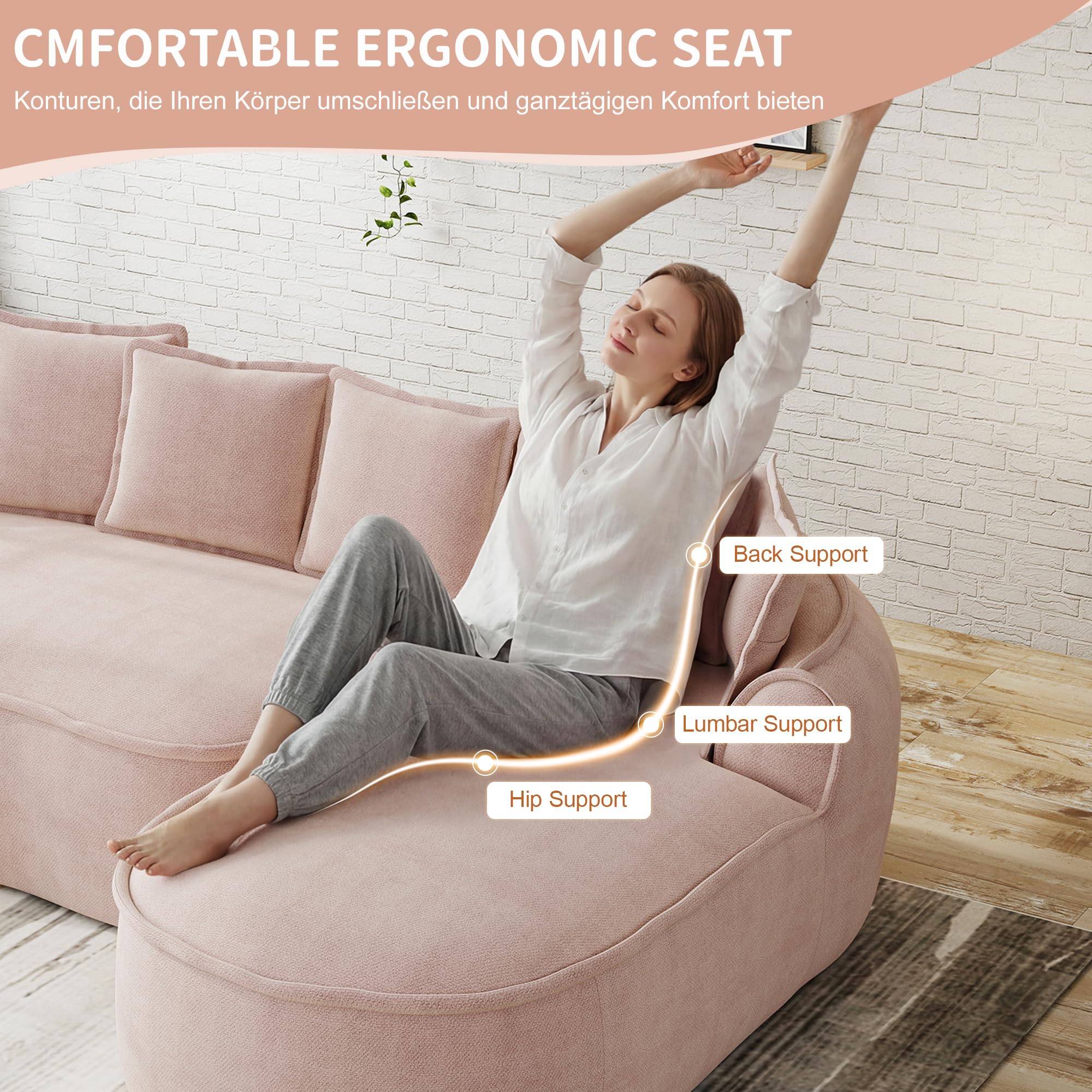 Muskel Sofá esquinero modular de chenilla de 2 plazas sin marco, sofá esquinero modular con asiento extra profundo, reposabrazos anchos, incluye cojines, color rosa
