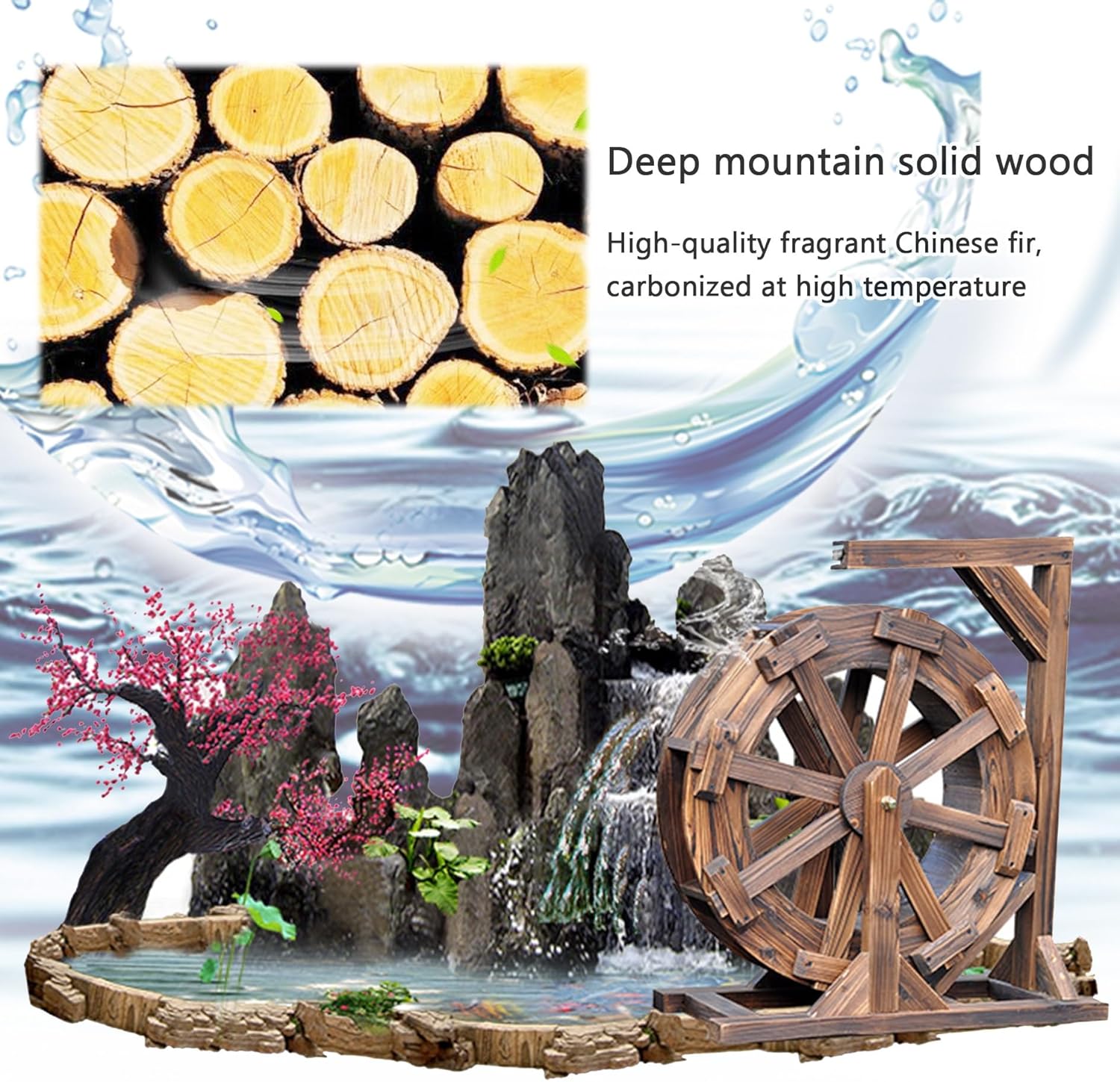 Water Fountain for Garden,Wood Water Wheel Waterfall Fountain,Ornamental Waterwheel Fountain,Rustic Design Feng Shui Wheels Fountain for Indoor Outdoor Patio Pond Pool,Easy Assembly (Size : 90cm)