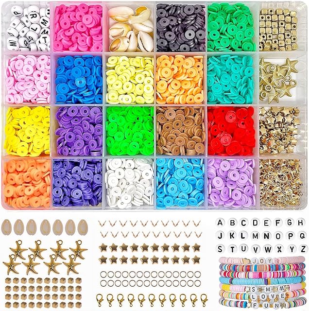 Clay Beads Bracelet Making Kit, 3860Pcs Beads for Jewellery Making, Flat Polymer Clay Beads Refill, Bracelet Making Letter Spacer Beads Set, Colorful Heishi Beads