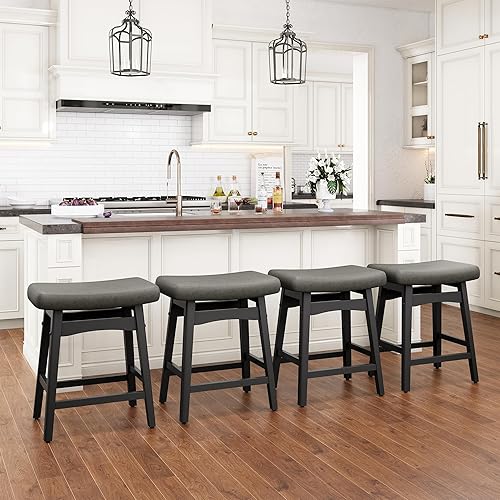 Miniatura 10 de PHI VILLA Juego de 2 taburetes de bar de granja, herramientas de madera con asiento tapizado, taburetes de 24 pulgadas para encimera de cocina,