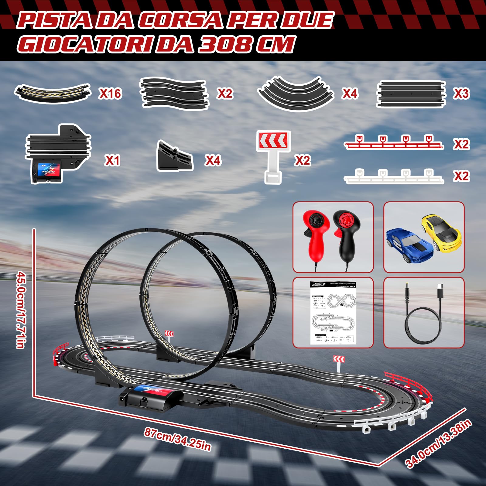 YOOHBERRYS Pista Macchine Telecomandate, 1:64 Piste Elettriche Piste Auto Con 2 Macchine, USB, Comandi, Contatore, Passaggio A 360°, Giocattoli Regali Piste da Corsa Bambini 3 4 5 6 7 8 Anni (308CM)