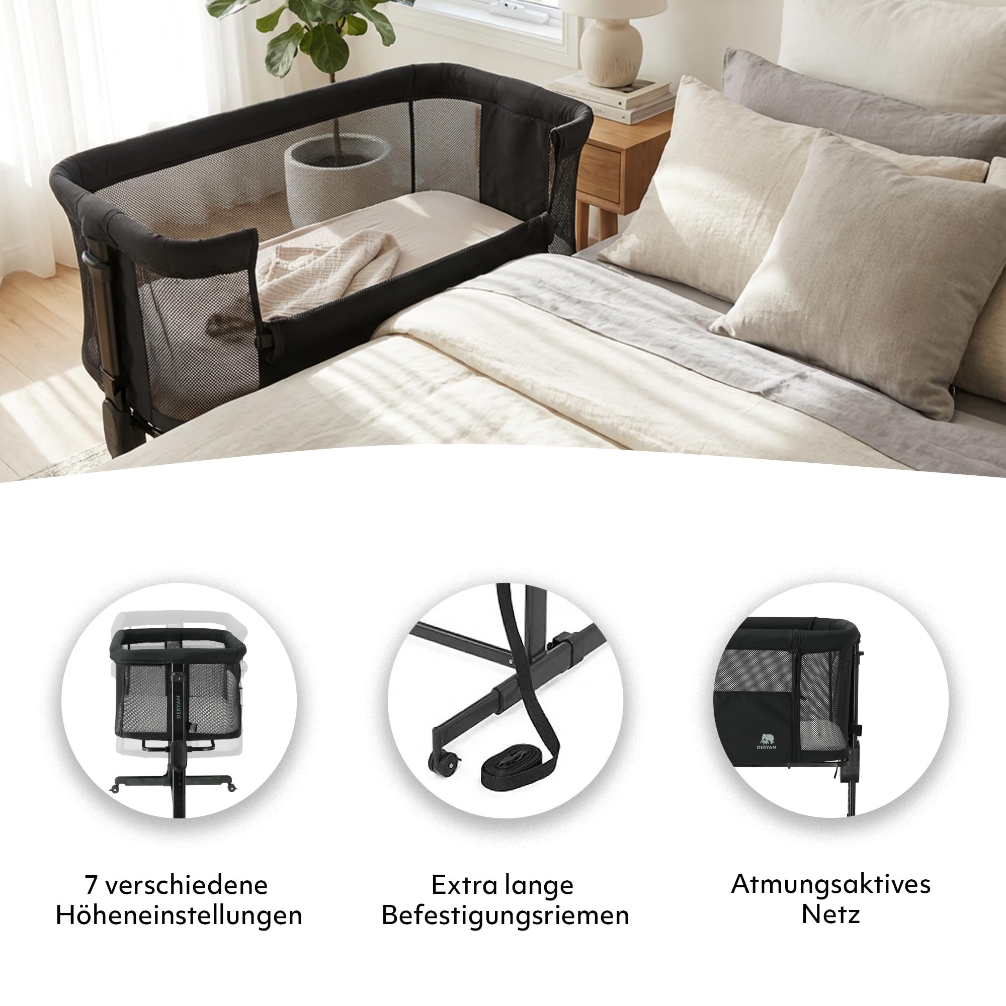 Deryan Snoozy Co-Sleeper 3 in 1 Babybett bis 9 kg, Beistellbett, Wiege, Höhenverstellug und Einstellung der Neigung der Matratze, 4 Räder mit Bremse Ergonomische Matratze Tasche (Schwarz)