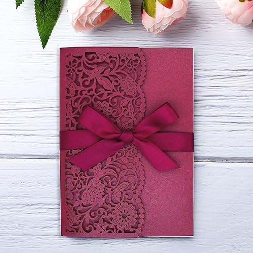 Miniatura 1 de YHOTA 20 bolsillos para tarjetas de invitación de corte láser con cintas, diseño floral para bodas, fiestas, despedidas de soltera, cumpleaños,