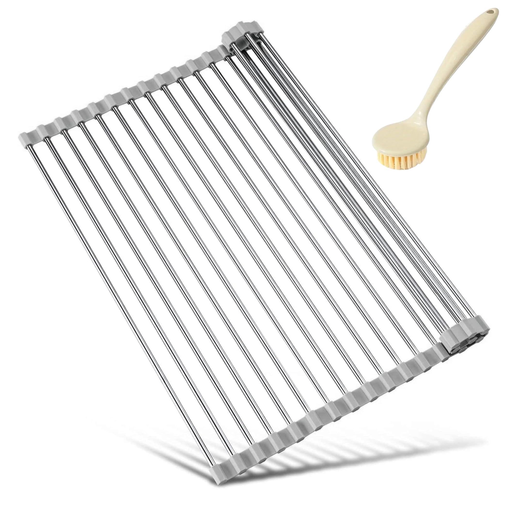 Milton' Store® escurreplatos + Cepillo de Regalo. Ideal para Secar Platos, Utensilios de Cocina, Frutas y Verduras. Escurreplatos Plegable sobre Fregadero, Escurridor Acero Inoxidable (Gris, 43 * 25)