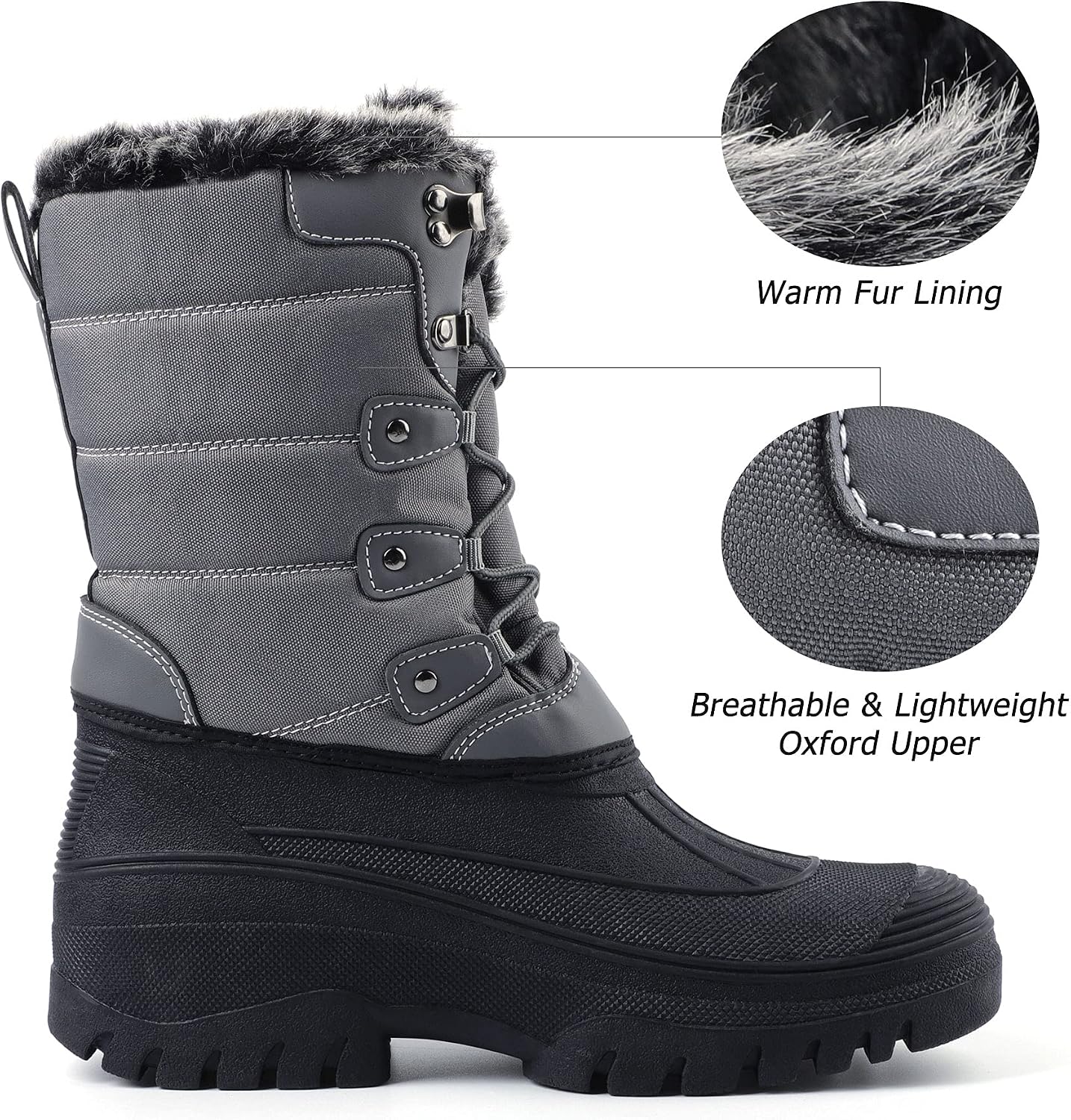 Knixmax Women's Winter Snow Boots Waterproof Mid Calf Booties Fur Lined Warm Outdoor Insulated Mucker Yard Skiing Hiking Boots Grey EU 38