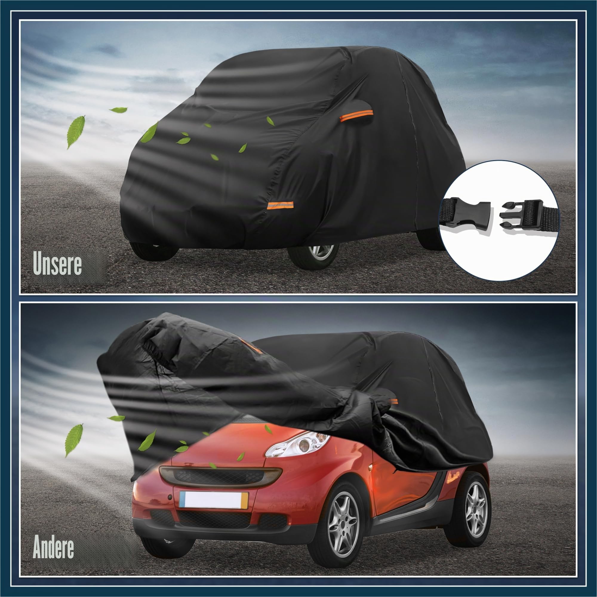 Autoabdeckung für Smart Fortwo 2007–2023 210D-PU Oxford Outdoor Vollständige Autoabdeckung Allwetter Wasserdicht Winddicht Schutz mit Fahrertür Reißverschluss Schwarz Autoteile
