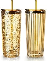 Vista 13 de Puraville Paquete de 2 vasos de vidrio de 18 onzas con tapas y pajitas, cristalería engrosada con patrón de glaciar a rayas acanaladas vintage