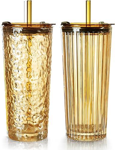 Miniatura 13 de Puraville Paquete de 2 vasos de vidrio de 18 onzas con tapas y pajitas, cristalería engrosada con patrón de glaciar a rayas acanaladas vintage para