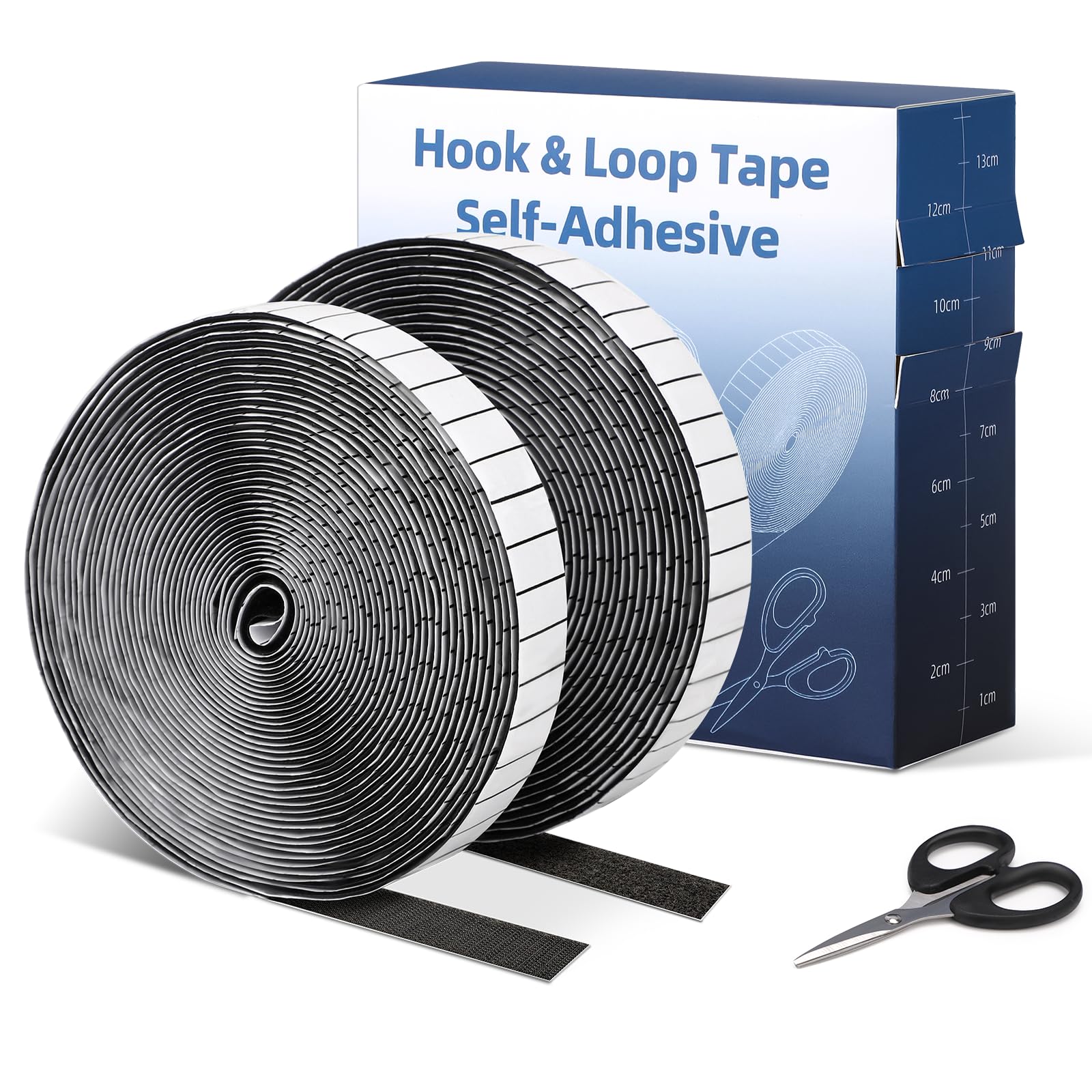 Euqvunn Hook and Loop Tape 2 Rolls (8m x 2cm), Hook and Loop Strips Self Adhesive with Scissors and Grid Backing, Double Sided Sticky Tape Ideal for DIY, Wall Mounting, Fly Screens Use (Black)