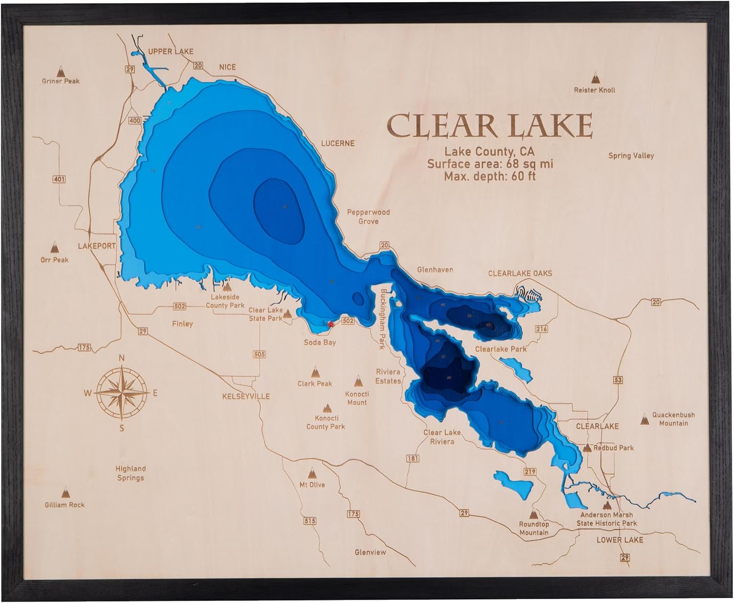 Personalized 3D Clear Lake, CA Wood Map | Lake Depth Map Art | 9-Layer Nautical Decor | Rustic Wall Art for Lake House, Cabin | Gifts for 5th Anniversary, Father’s Day, Christmas, Housewarming