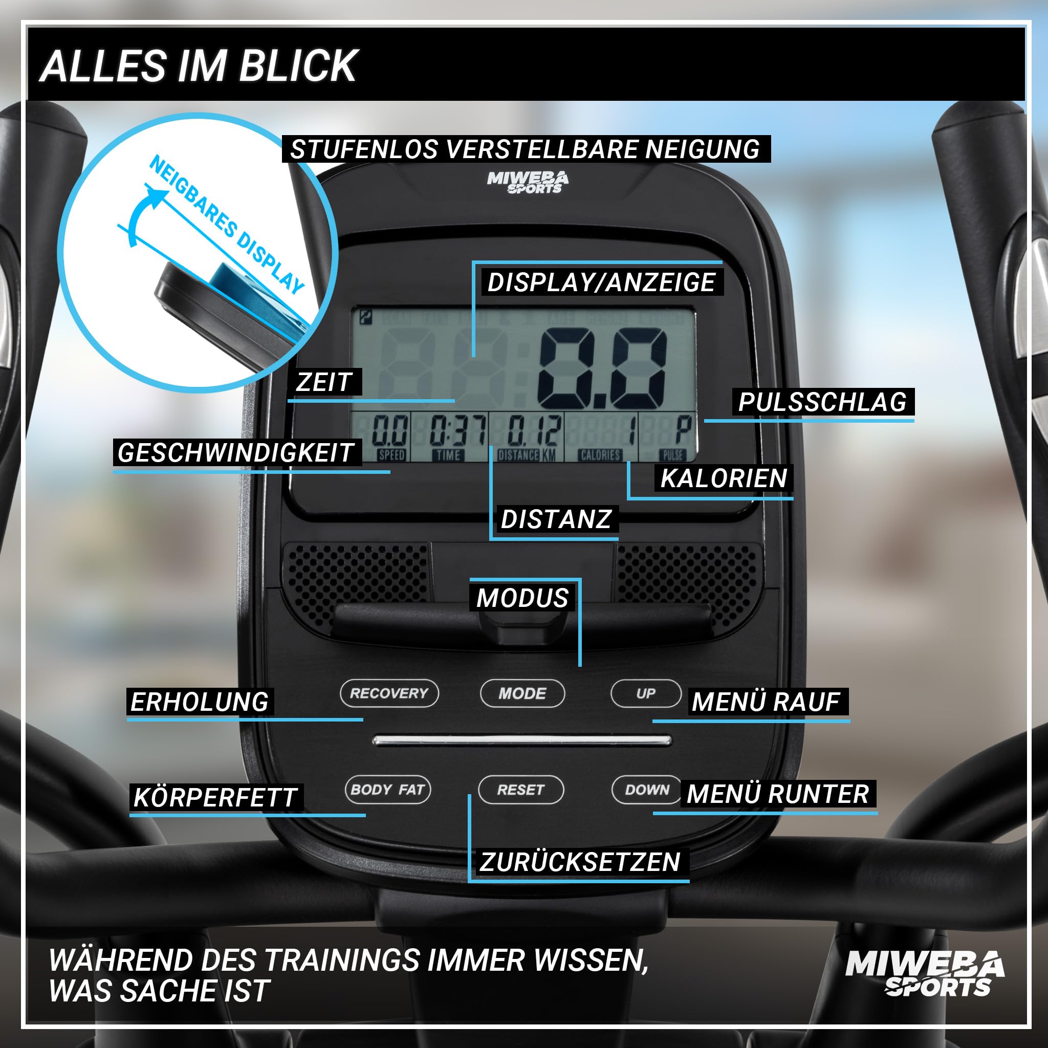 Miweba Sports Crosstrainer MC500 Stepper 7 kg Schwungmasse 120 kg Ergometer Heimtrainer leise Ellipsentrainer LCD Monitor Cardio Fitnessgerät Schwarz