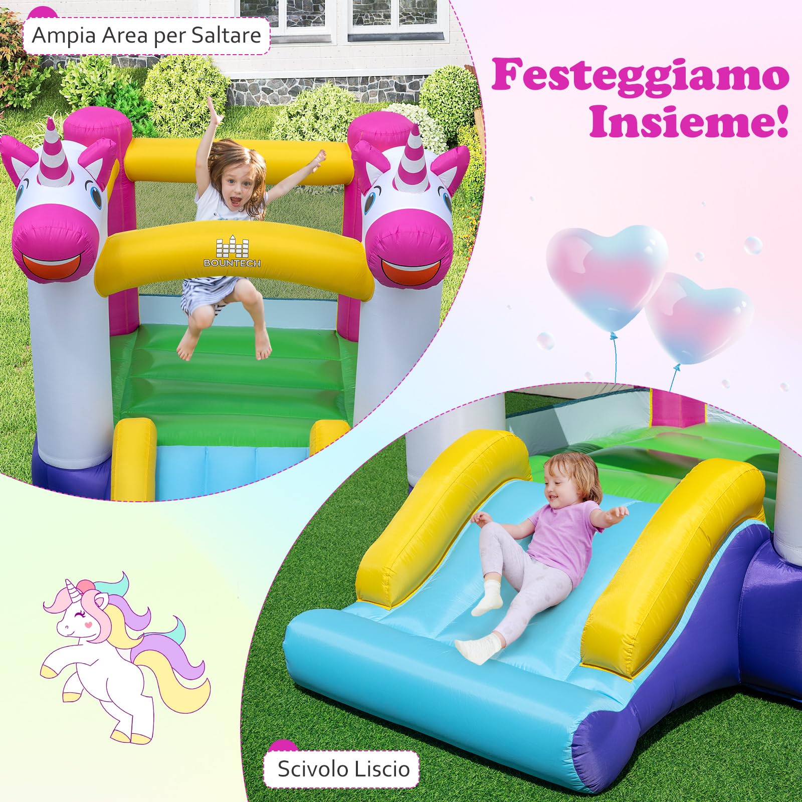 COSTWAY Castello Gonfiabile per Bambini, Casa Gonfiabile Unicorno per bambini con Scivolo e Area Salto, Parco Giochi Gonfiabile da 3-12 Anni, Adatto per Giardino, Esterno e Interno