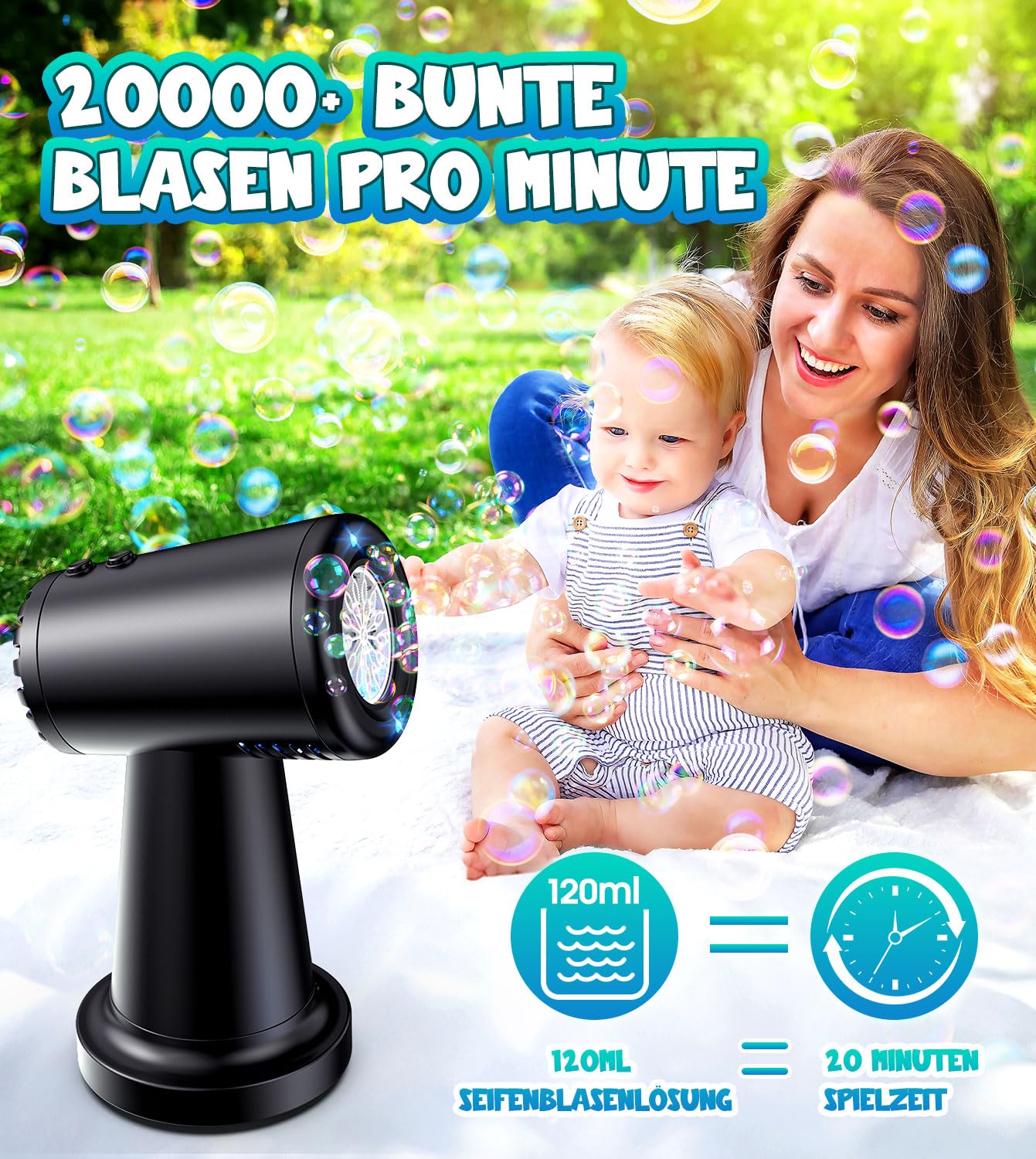 Seifenblasenmaschine Akku Automatischer 90°/180° Drehbare Seifenblasenmaschine 20000+ Blasen/Min Tragbare Blasenmaschine mit Lichter Elektrisches Blasenspielzeug für Hochzeit Kinder Seifenblasen Party