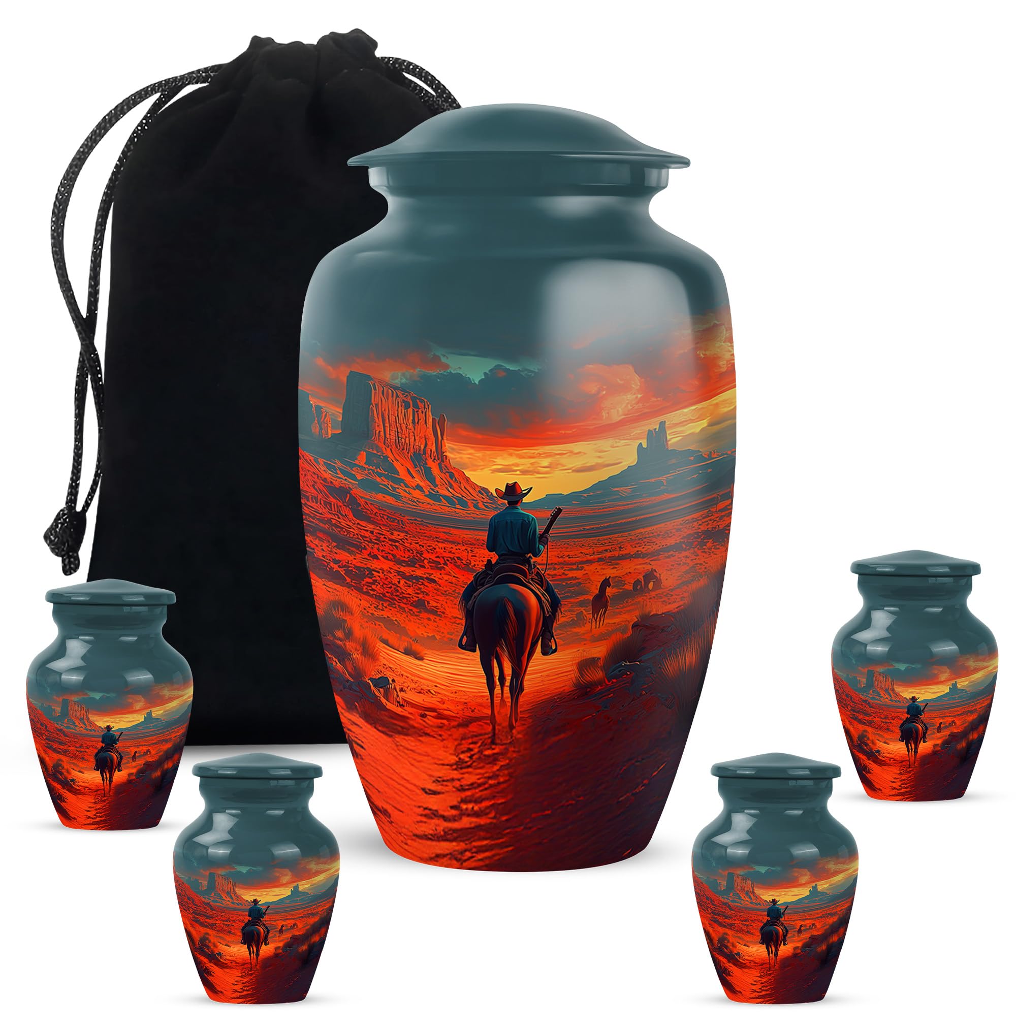 Cowboy Urn - Large &amp; Small Urns for Human Ashes Adult Male - Funeral Urns for Adult Ashes Women - Burial Urns for Human Ashes (Combo - 10" &amp; 3", 5 Pcs)