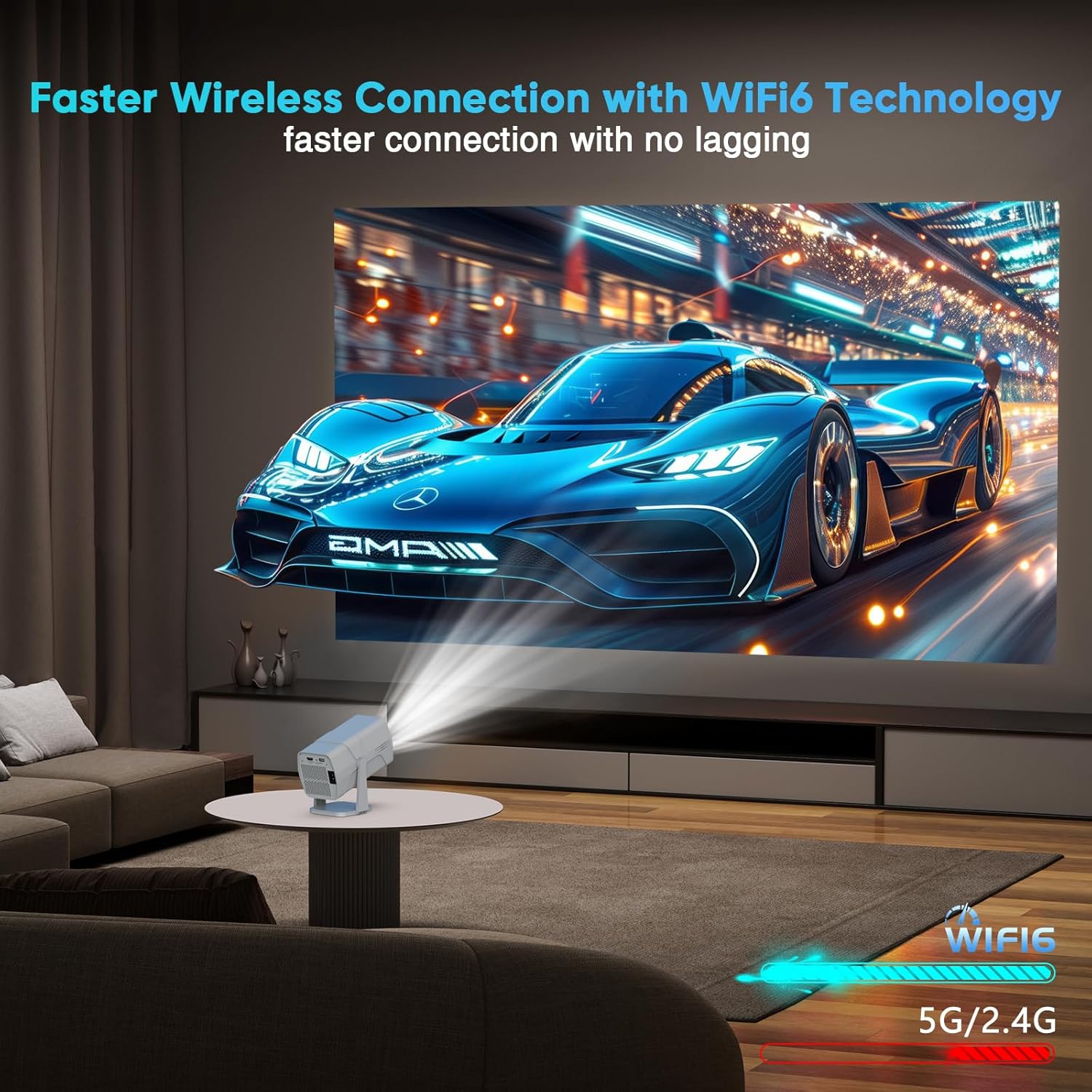 Projector with WiFi and Bluetooth, Smart TV OS with Officially Apps, 270° Rotatable Ceiling Projector, 1080P, Auto Keystone, Zoom, Mini, Outdoor Movie Projector, White