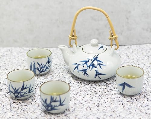 Miniatura 9 de Ebros Gift Juego de té de porcelana japonesa azul y blanco con diseño de hojas y ramas de bambú japonés de 11 onzas y 4 tazas de 2 onzas con mango