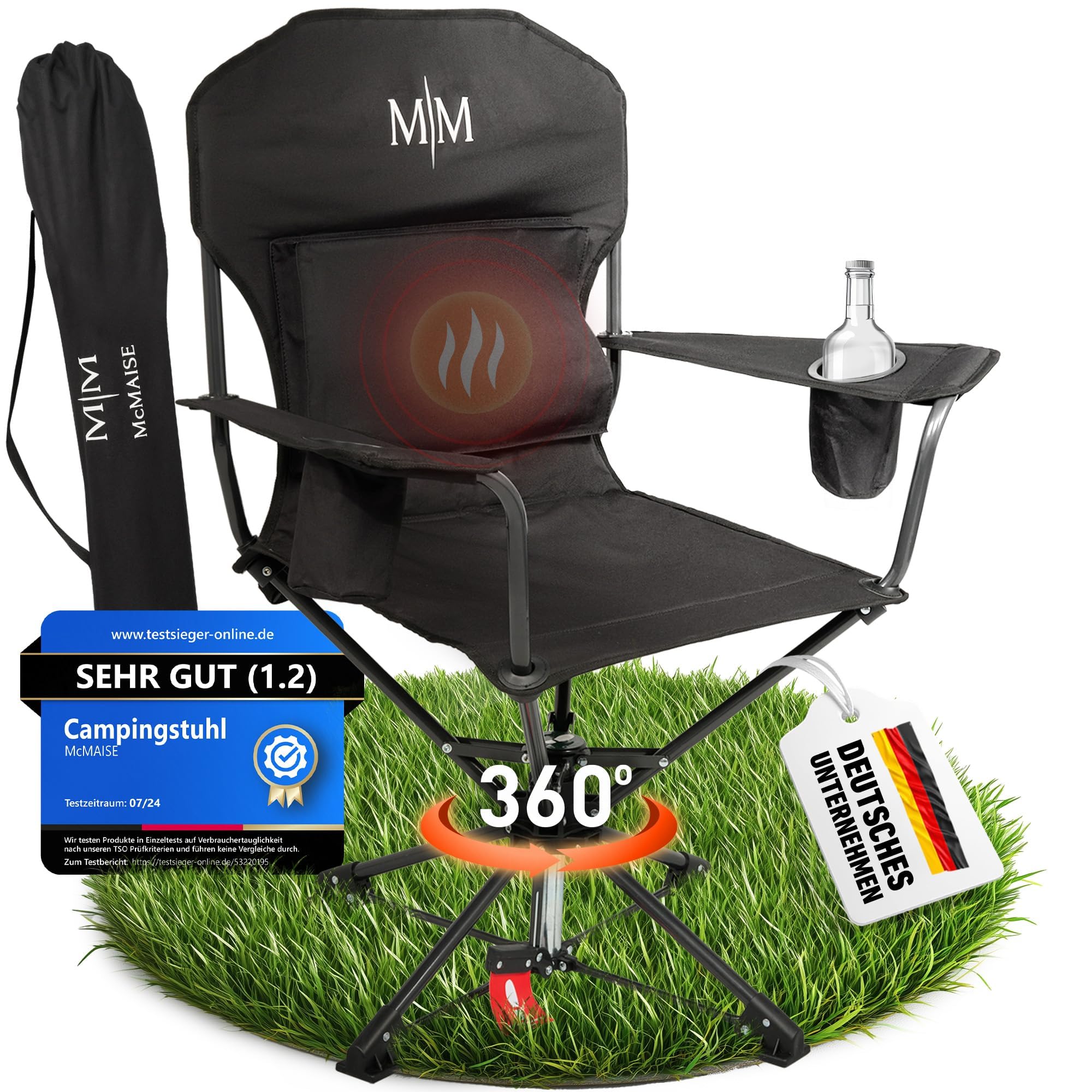 McMAISE® Campingstuhl faltbar schwarz bis 150 kg mit Rückentasche für Kissen oder Wärmflasche, 360° drehbar Sport & Freizeit
