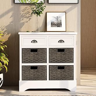 Harper & Bright Designs Storage Cabinet, Rustic Storage Cabinet with 2 Drawers and 4 Classic Fabric Basket, Sideboard for Entryway/Kitchen/Dining Room/Living Room, White