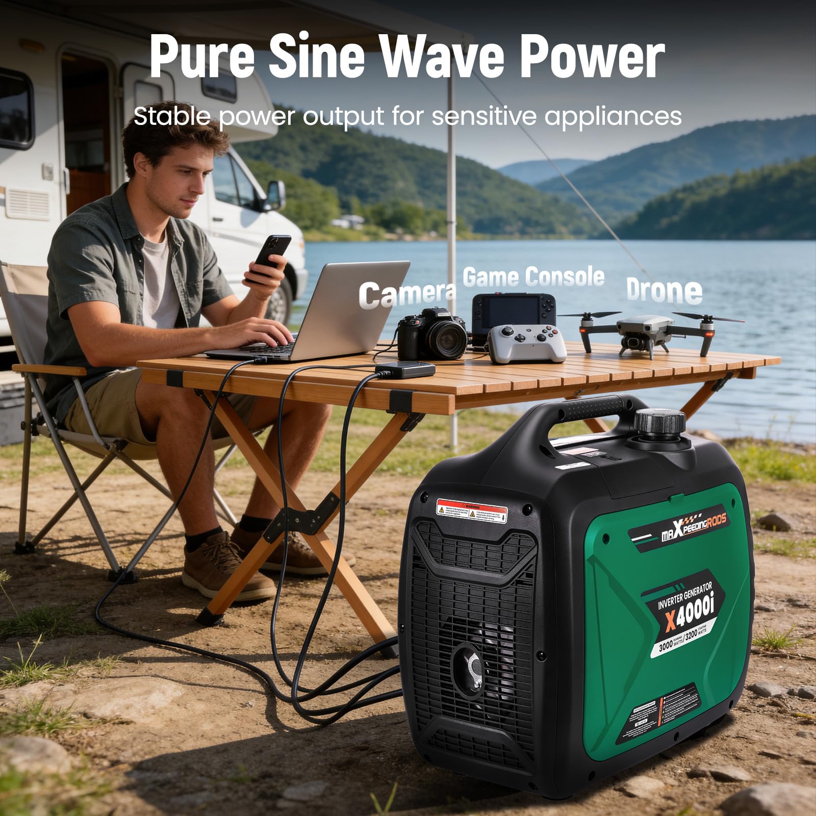 maXpeedingrods Générateur Inverter portable à essence 3200 W — Idéal pour le camping, les fêtes et les réunions en plein air — Équipé de 2 prises 230 V/16 A, 2 ports USB et 1 prise 12 V CC