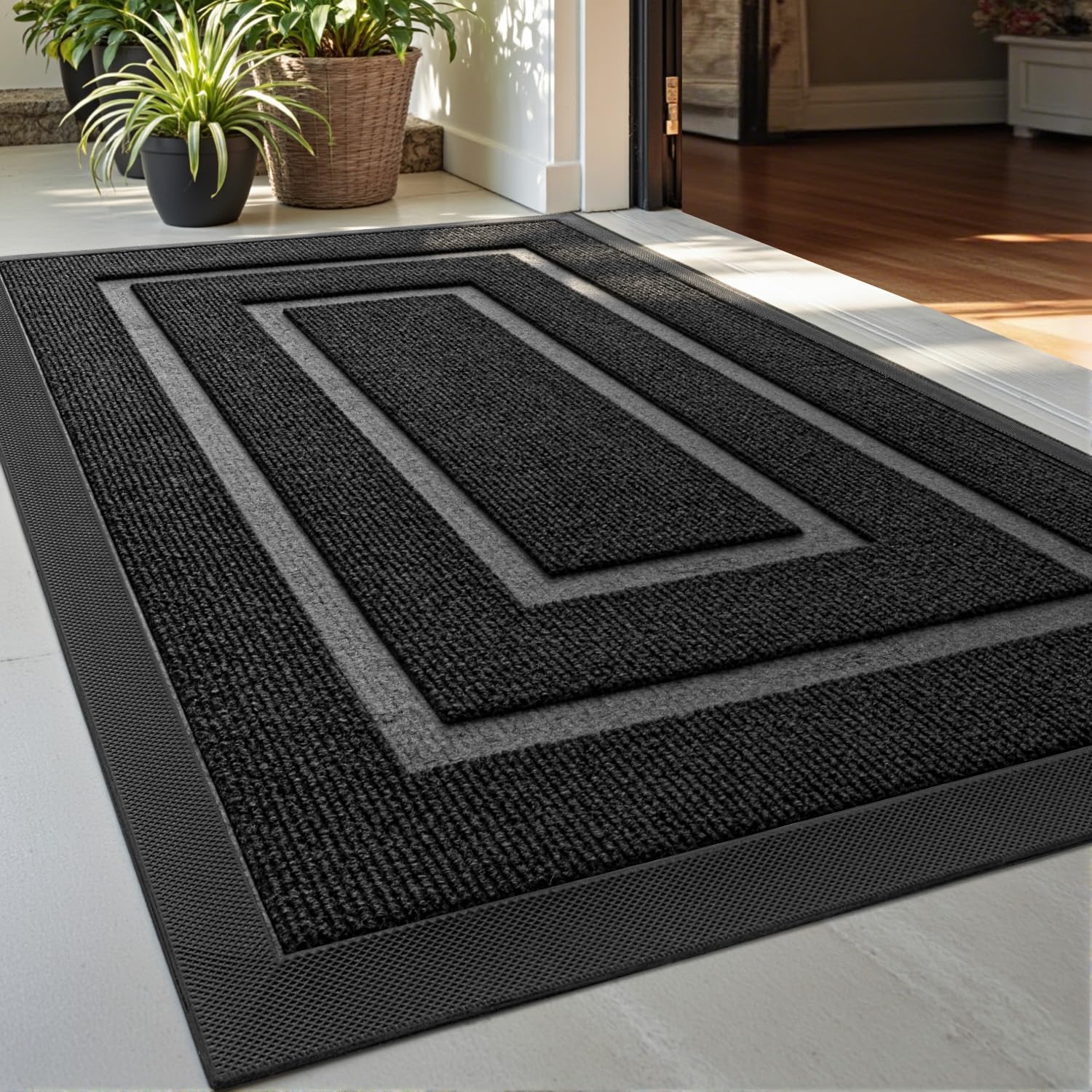 DEXI Door Mat Heavy Duty Outdoor Indoor Doormat, Stain and Fade Resistant, Non Slip Front Door Mats, Patio Entryway Floor Mat, 17"X29", Rectangles Black