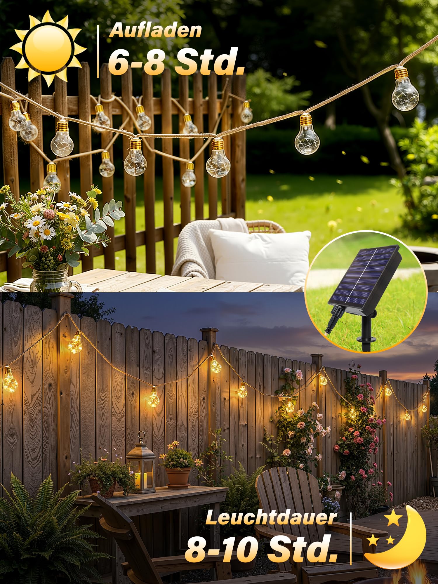 Ollny Solar Lichterkette Aussen 12m 24 Glühbirnen Warmweiß Wetterfest mit Timer Dimmbar 8 Modi Hanfseil