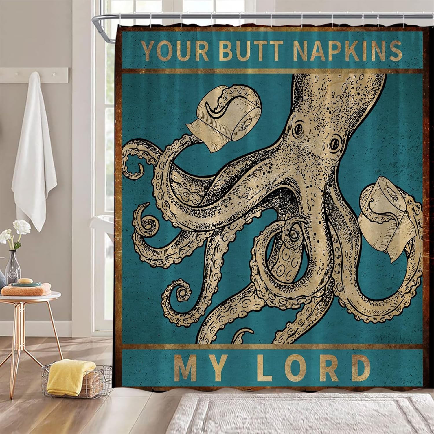Octopus Nautical Extra Long Shower Curtain for Bathroom Decor,Retro Sea Kraken Tentacles Vintage Blue Funny Cool Ocean Animal Turquoise Beige Fabric Curtain with Hooks,70x84 Inch