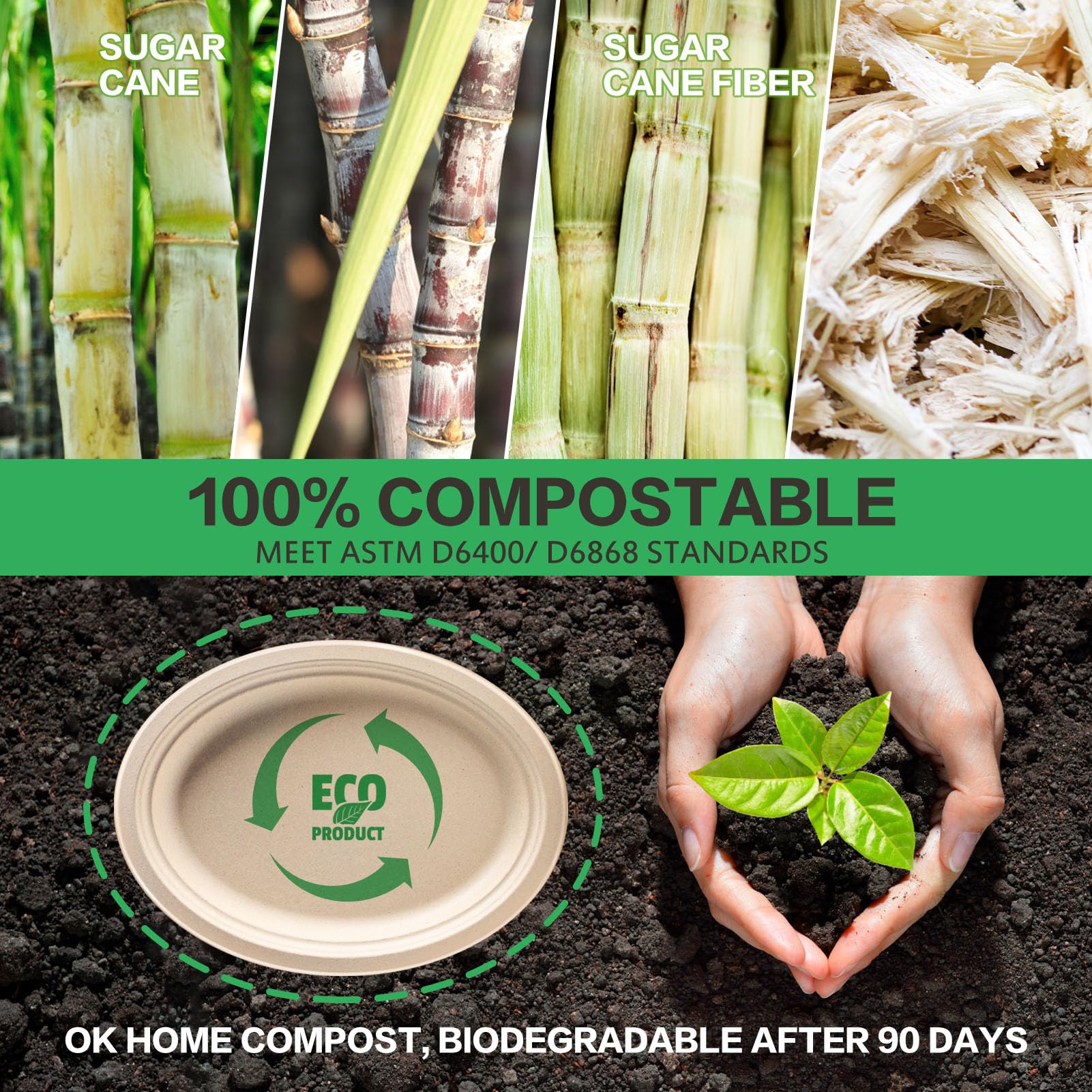 Gezond Platos de papel ovalados 100 % compostables de 12 pulgadas, paquete de 100 platos grandes desechables resistentes y ecológicos, platos de fibra de caña de azúcar, biodegradables para fiestas,