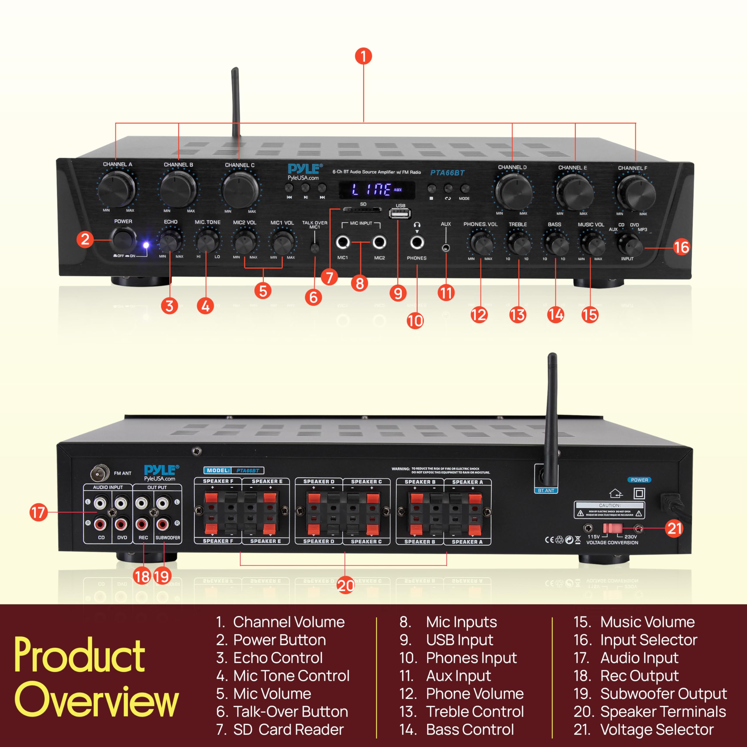 Pyle Wireless Home Audio Amplifier System - Bluetooth Compatible 6 Channel Stereo Receiver, 600W Max Power, Simple Karaoke with Dual Mic Inputs with Tone Control, PA with Talk Over - PTA66BT.6 — Amazon image 2