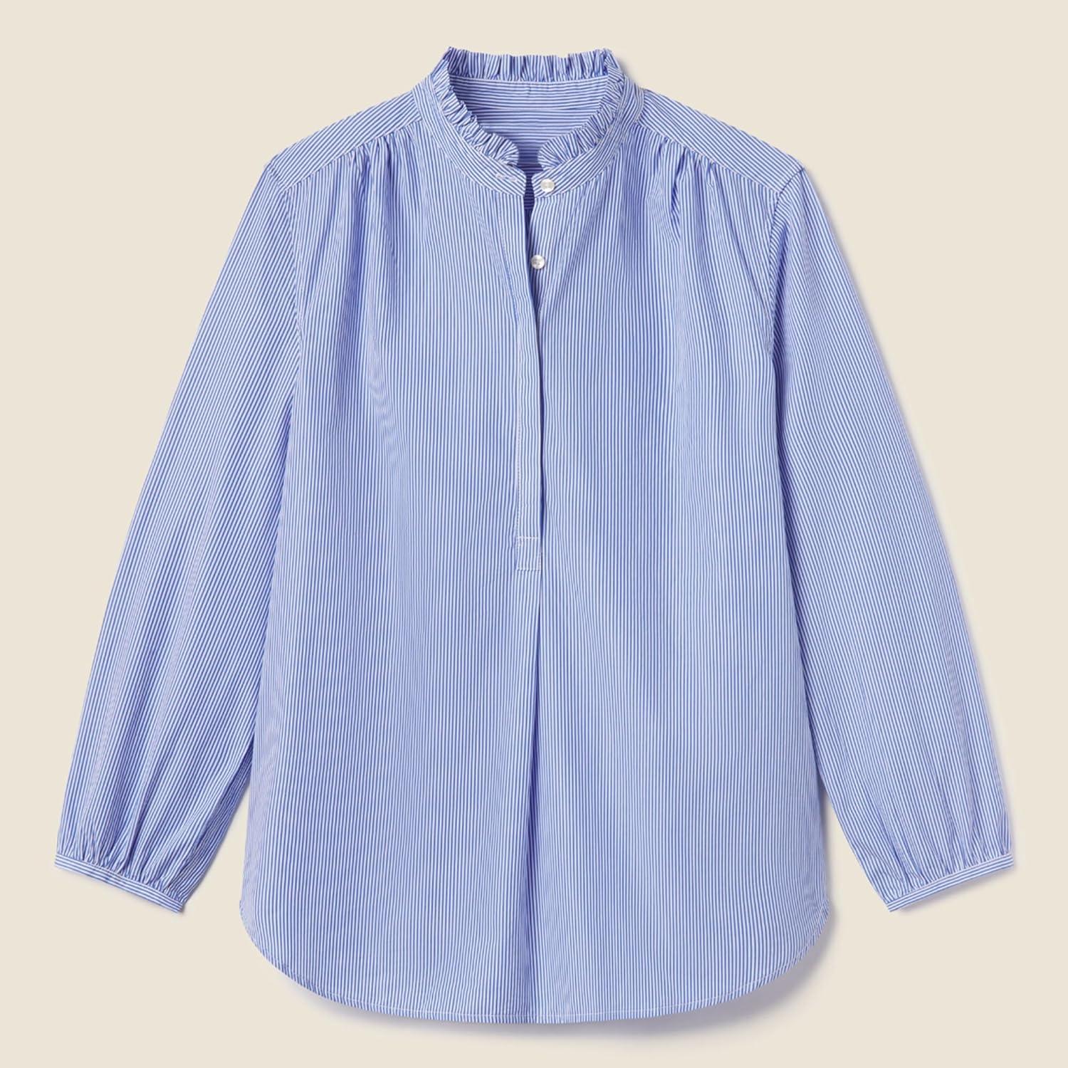 Womens Blue White Stripe Shirt Long Sleeve Standup Ruffle Collar Blouse Dressy Business Casual Tops - Image 7