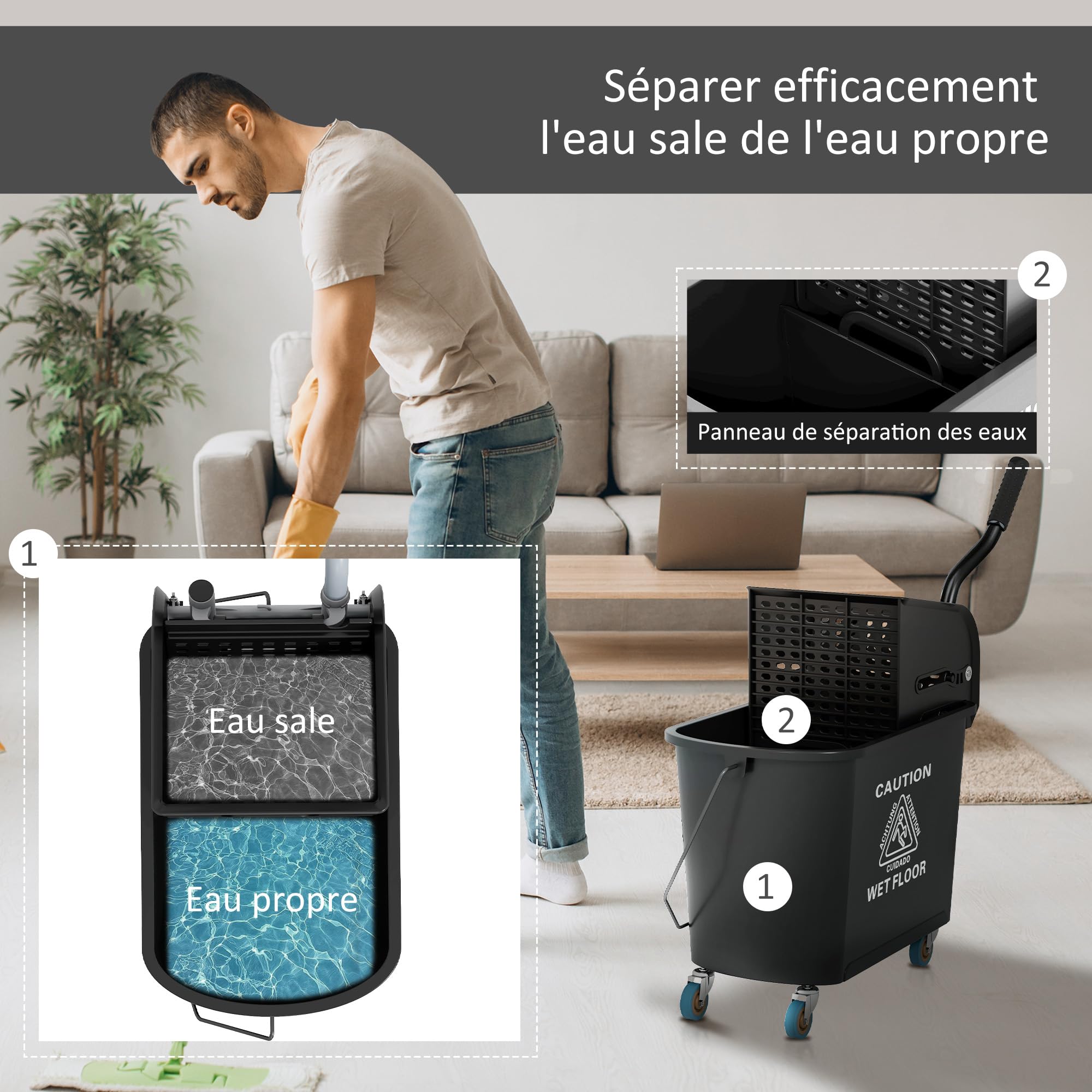 HOMCOM Wózek do czyszczenia wiadro domowe 20 l z wyciskarką i separatorem brudnej wody czarny 60 l x 27 l x 70,5H cm