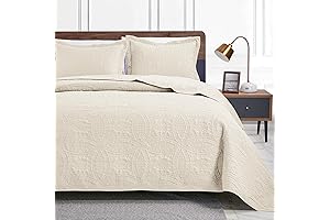Love's Cabin Bamboo Quilt Queen Bedding Set, Beige, Microfiber Bedspread, Coin Pattern