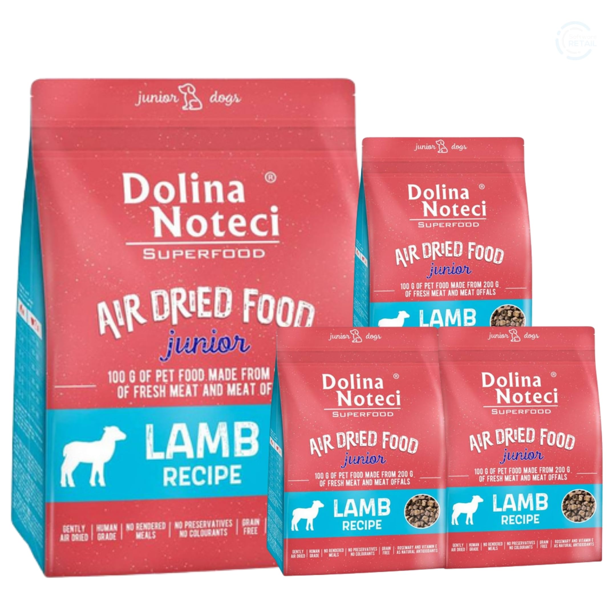 Dolina Noteci Premium Nutrient-Rich, Grain-Free Air Dried Dog Food with 80% Fresh Meat & Superfoods for Optimal Health – Perfect for Junior Dogs of All Breeds! (Lamb, 4x1kg)