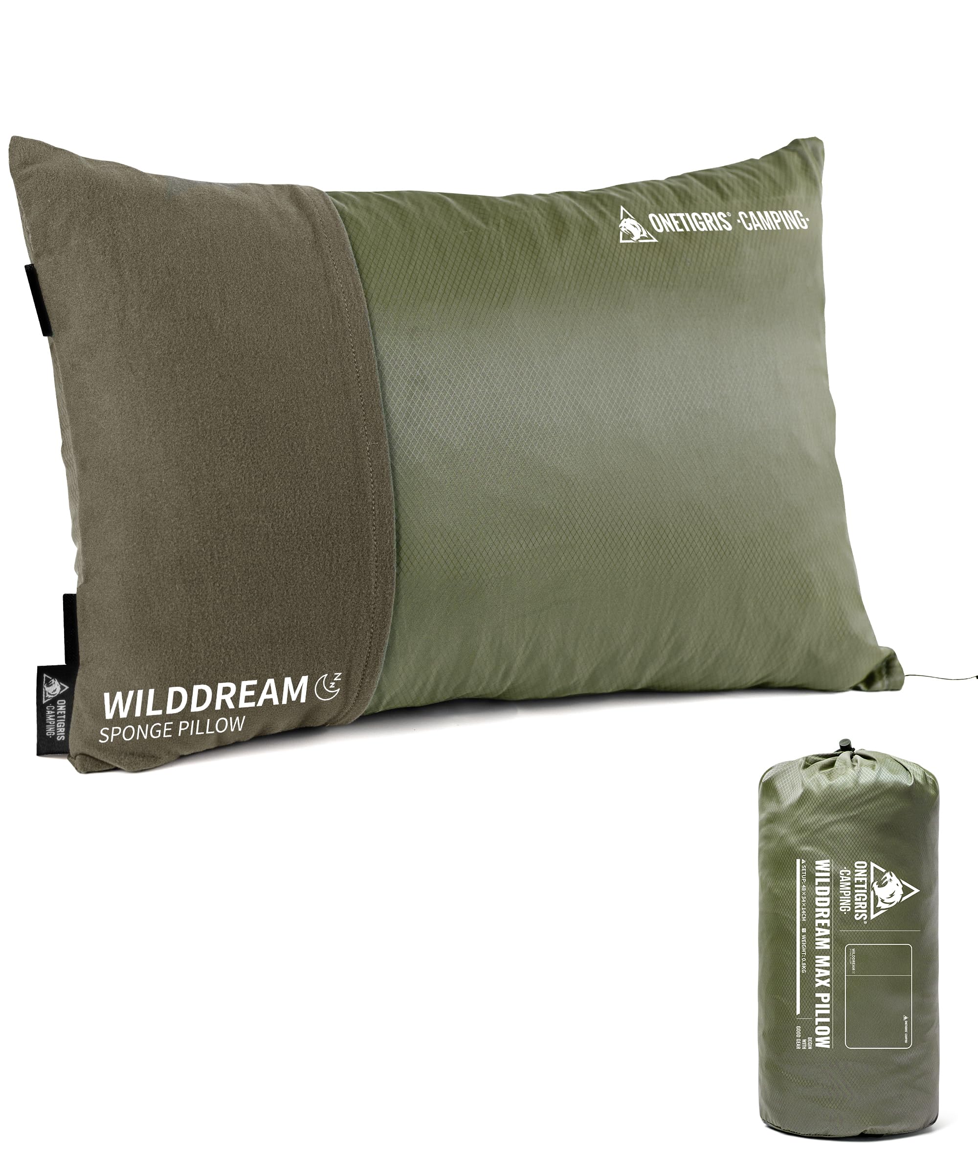 OneTigris WILDDREAM Cuscino per esterni, cuscino da viaggio in memory foam, 48 x 34 x 14 cm | verde, cuscino da campeggio, cuscino in memory foam triturato, comprimibile, per viaggi con zaino, auto e attività all'aperto