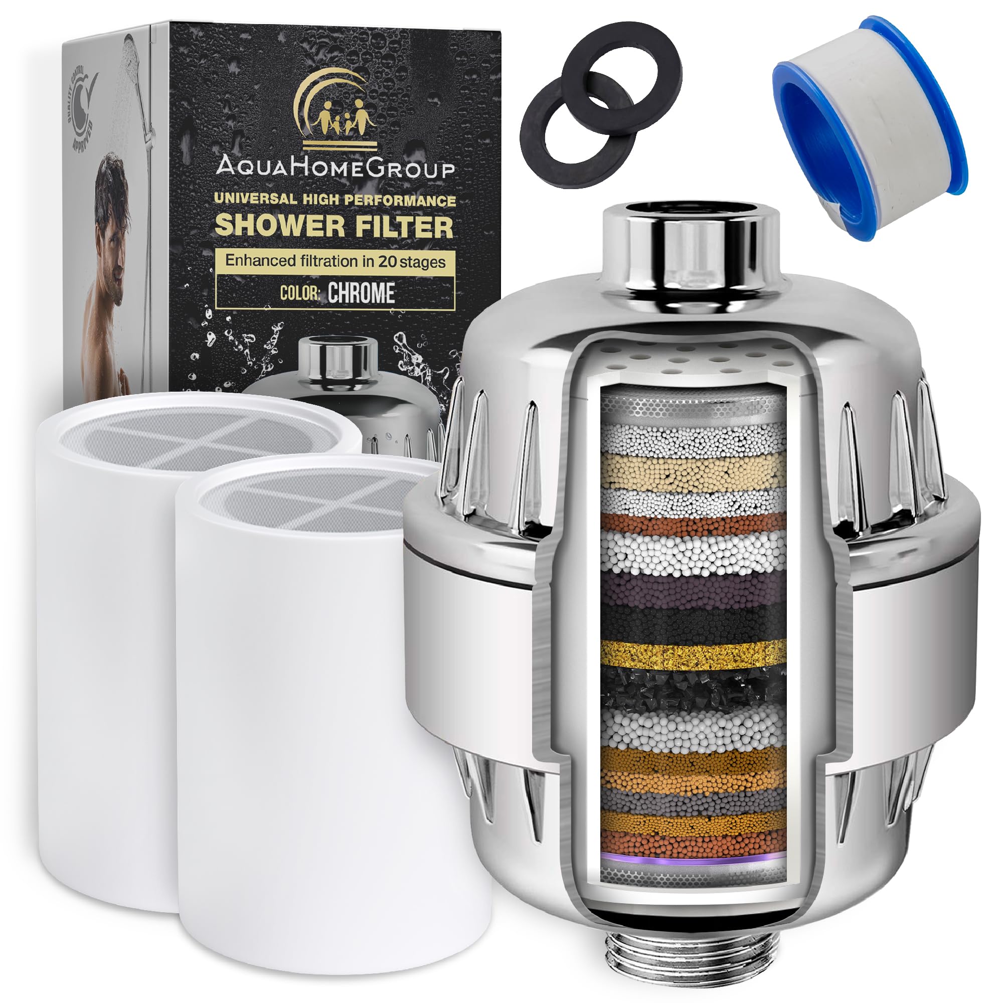 AquaHomeGroup 20 Stage Shower Filter with Vitamin C E for Hard Water - High Output Shower Water Filter to Remove Chlorine and Fluoride - 2 Cartridges Included -Consistent Water Flow Showerhead Filter