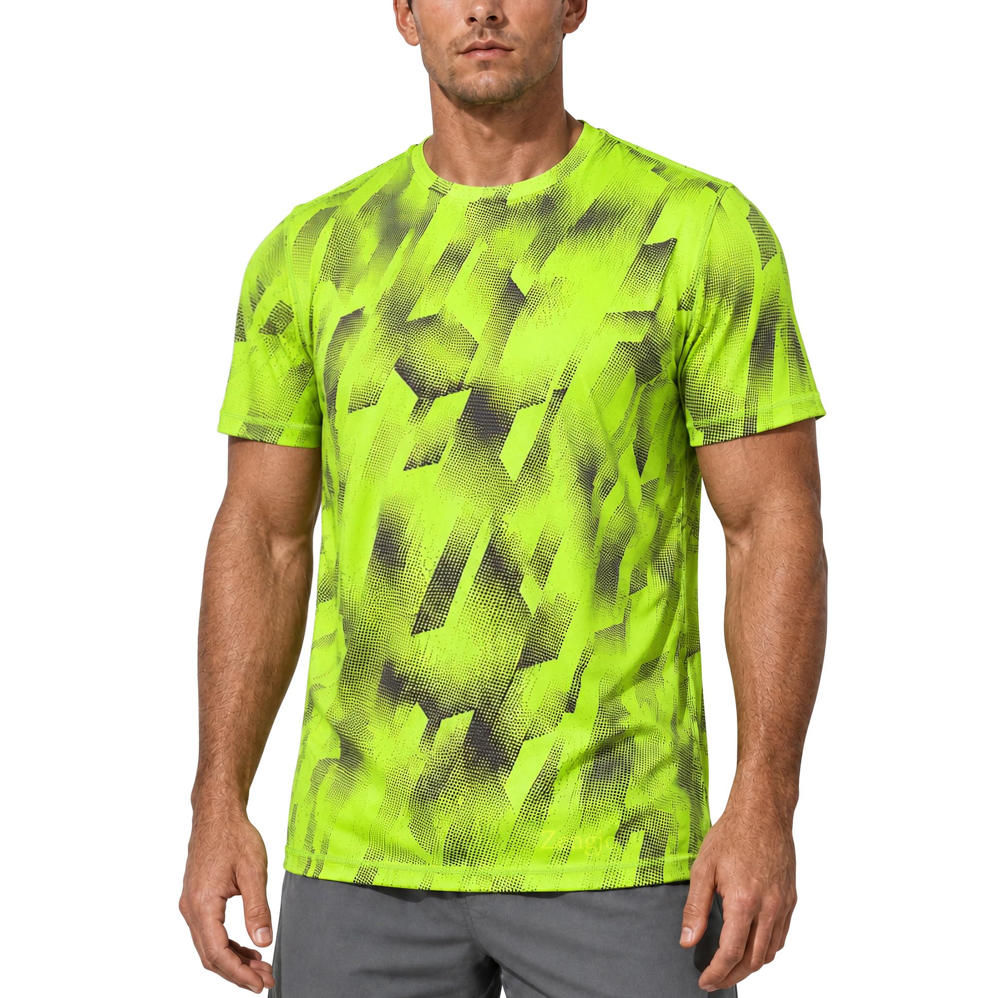 Zengjo Workout Shirts for Men Quick Dry Moisture Wicking Athletic T-Shirt | Micro-perforated performance jersey, breathable stretch, flatlock seams; gym, running, tennis, and outdoor training X-Large Neon Green