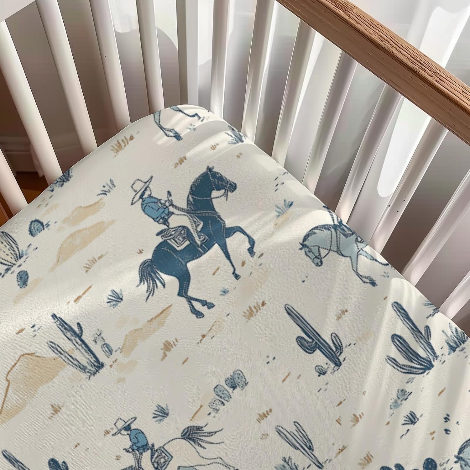 Watercolor Western Cactus Horses Mountains Pattern Baby Sheets for Crib, Unisex Western Nursery Fitted Bed Sheet for Boys Girls Standard Crib and Toddler Mattress-28x52