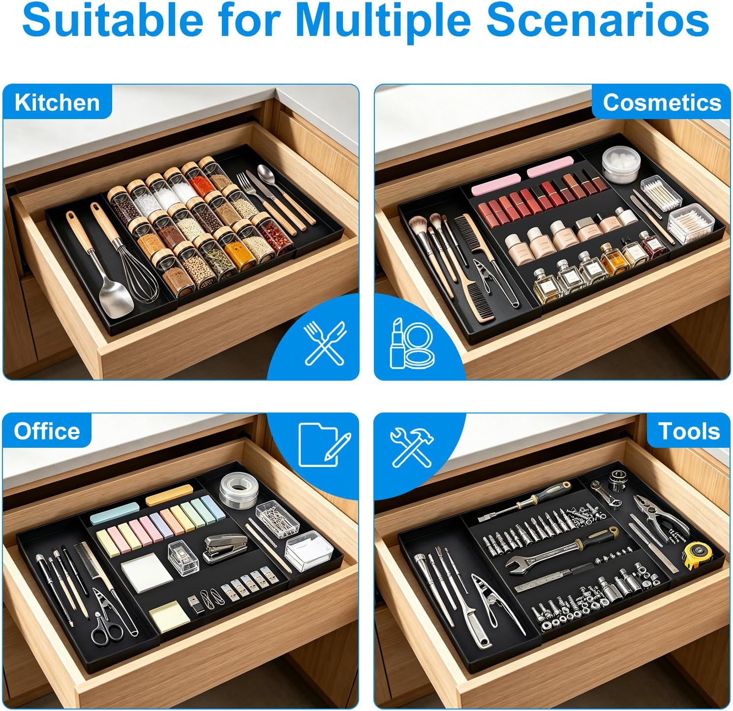 Expandable Spice Drawer Organizer with 5 Compartments & 2 Utensil Slots, Heavy-Duty Large Capacity Multi-Functional Kitchen Spice Rack for Drawer Cabinet Tray, Black