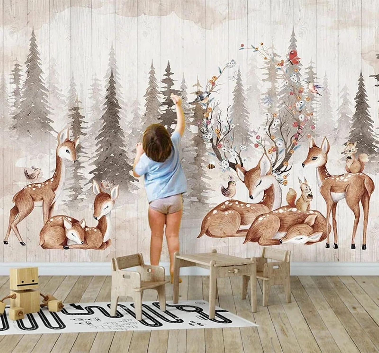 XLMING Vintage Wood Grain Hand Painted Forest Roe Deer 3D Wallpaper Luxury Silk Study Dining Feature Sofa Grey Bedroom Living Room Tv Decorative Wall-200cm×140cm