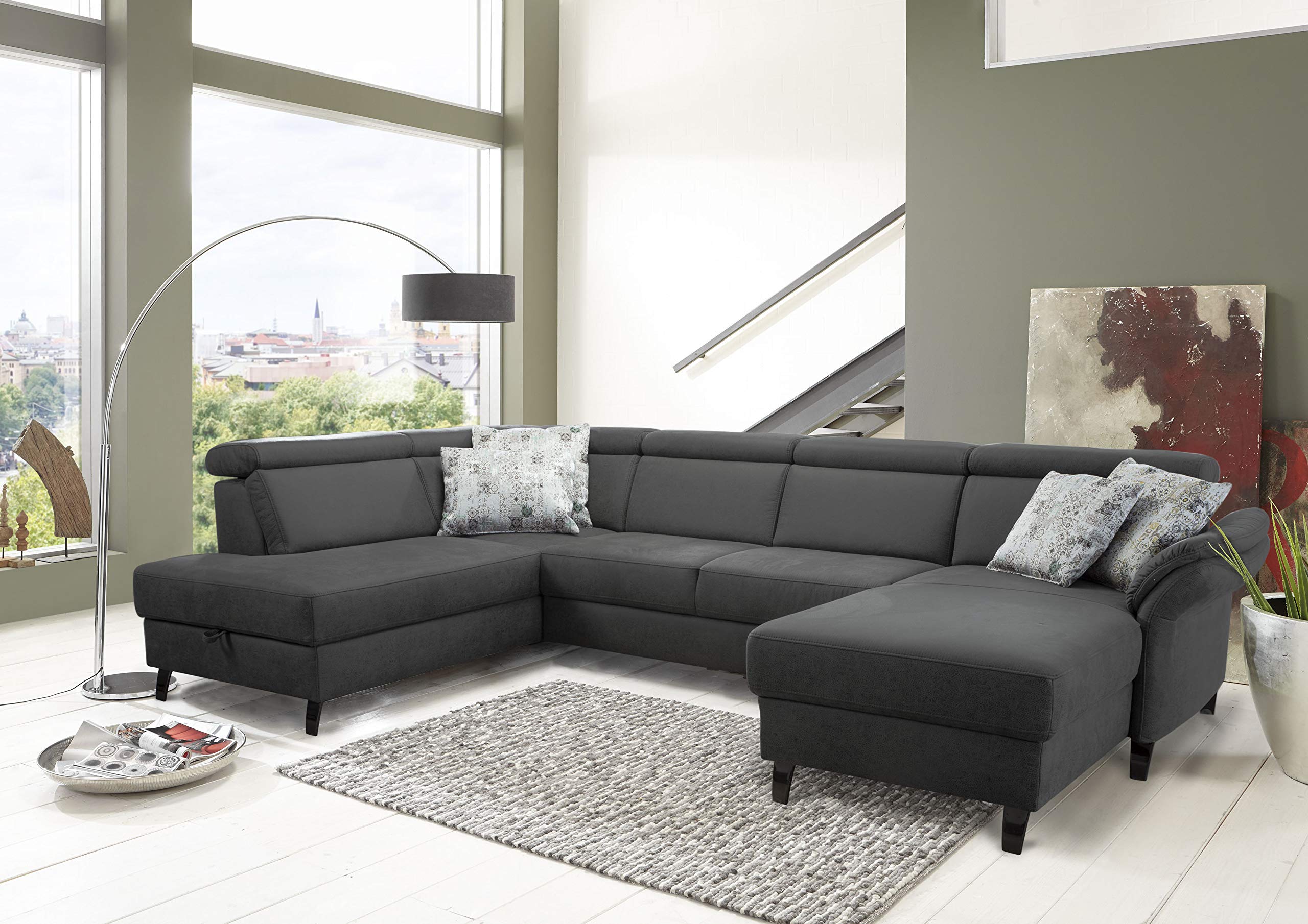 Cavadore Wohnlandschaft Ammerland mit Federkern, Schlafsofa mit Bettfunktion und Bettkasten, inkl. Kopfteilverstellung, 317 x 84 x 193, lederoptik dunkelgrau