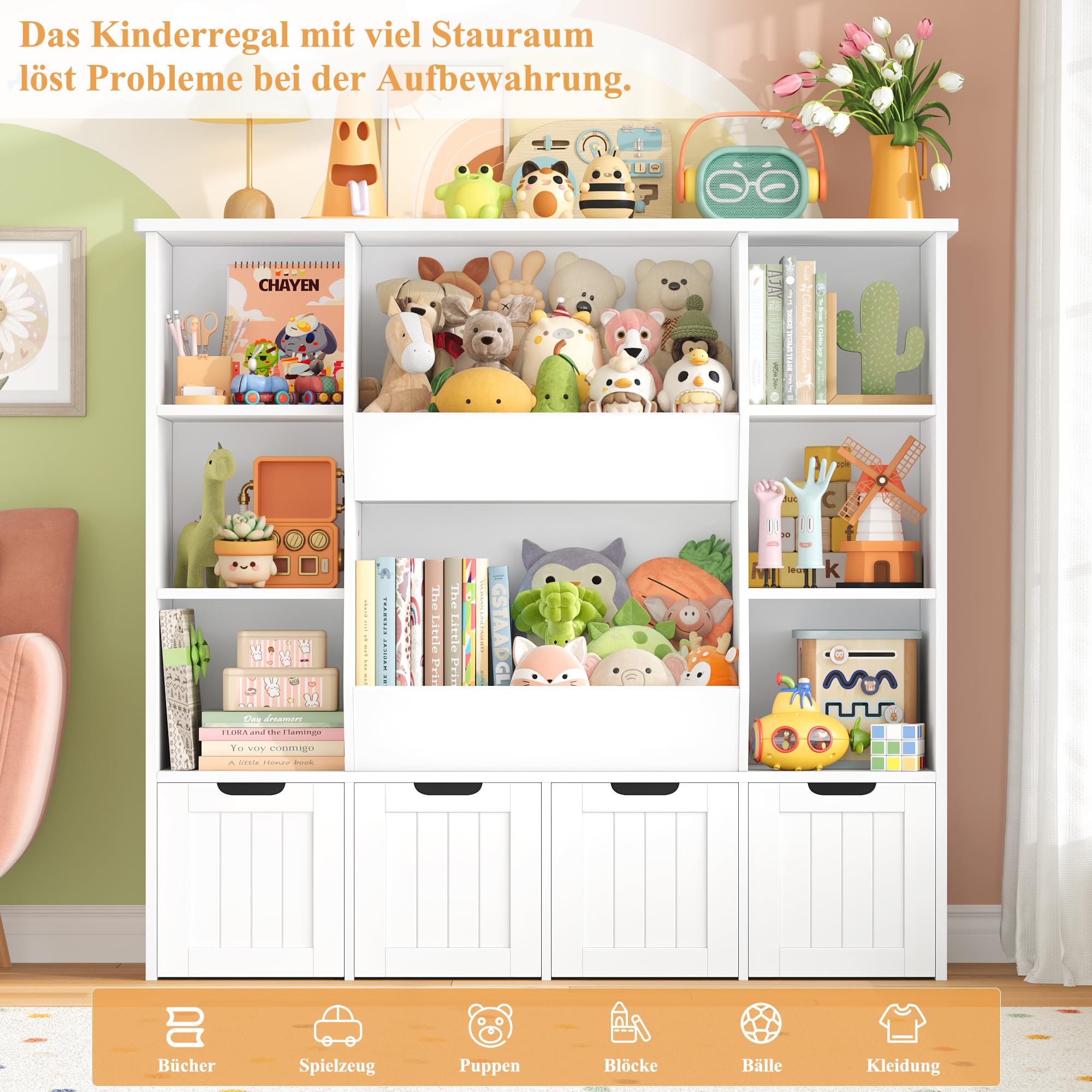FOREHILL Kinderregal, Kinderzimmer Möbel für Kuscheltier Aufbewahrung | Regal für Pupen, Kinderschrank mit 4 Boxen auf Rollen, Bücherregal Kinder, Kinderzimmer, Kindergarten, 124,5x35x118cm Weiß