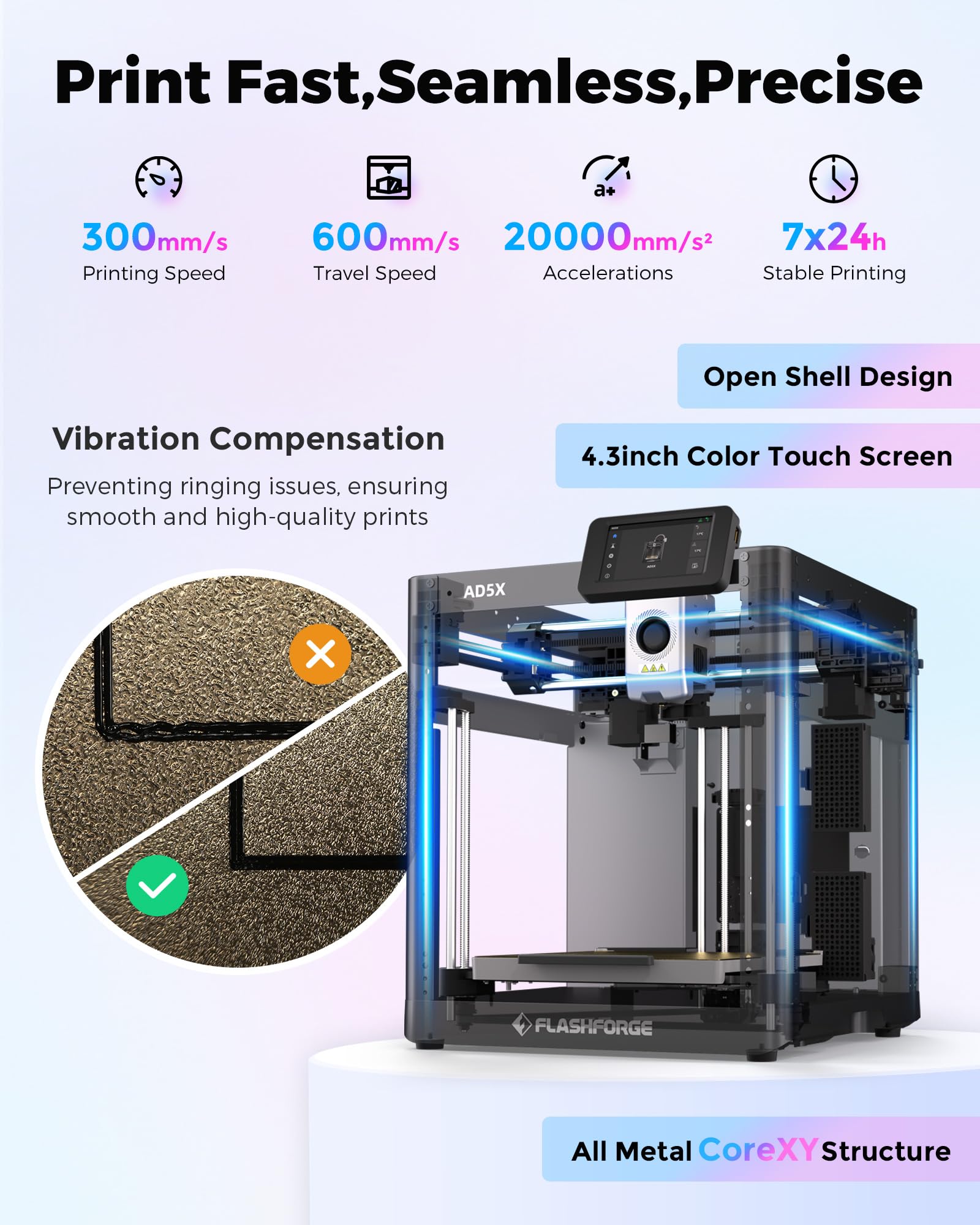 FLASHFORGE AD5X drukarka 3D, inteligentna, wielokolorowa drukarka 3D z IFS, 4 kolory, wysoka prędkość 600 mm/s, automatyczne niwelowanie, wytłaczarka bezpośrednia 300°C, rozmiar druku 220 x 220 x 220