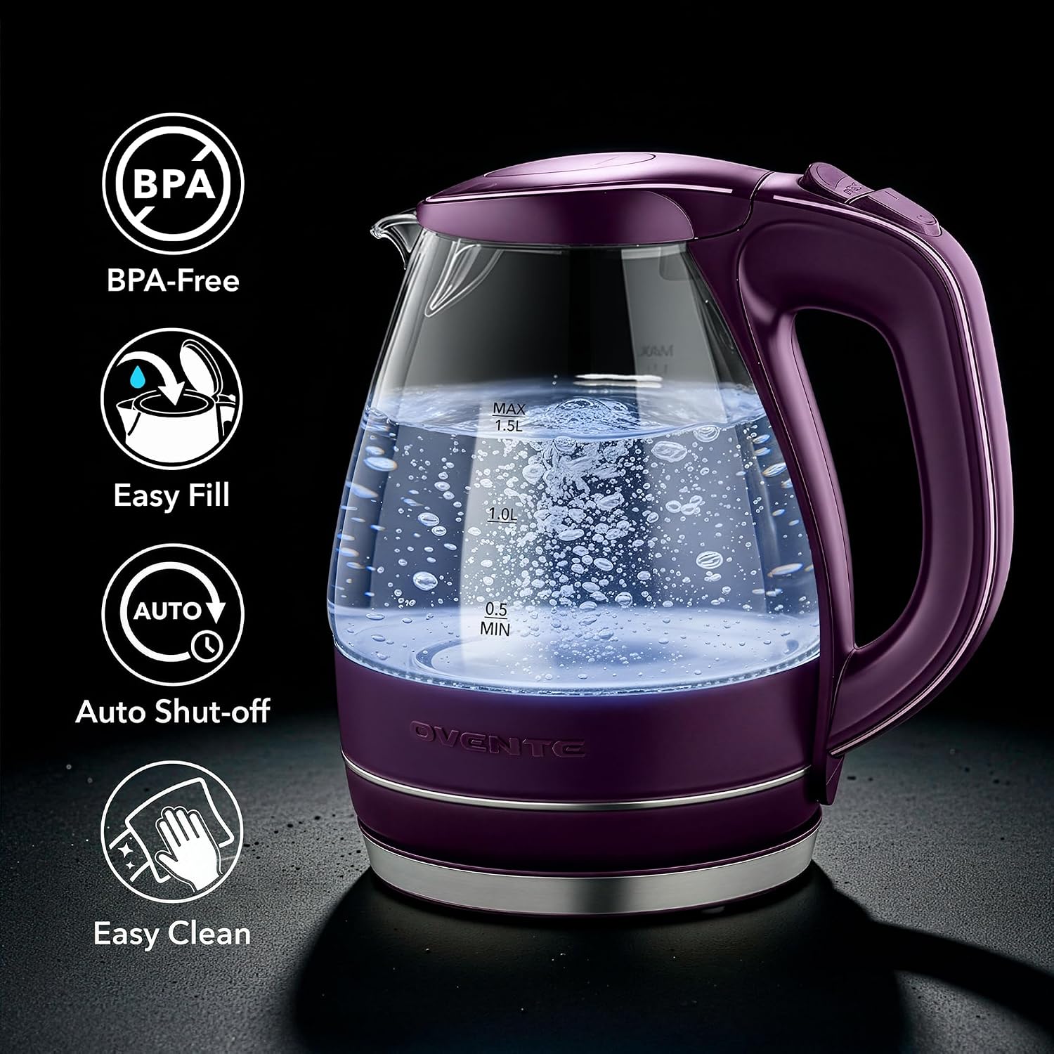 OVENTE Caldera Electrica 1.5L Vidrio Morado Calienta Agua Cafe Te Rapido y Seguro 4