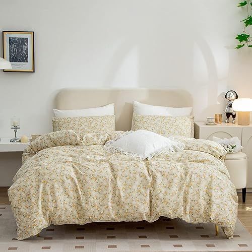 Funda de edredón, 100 % algodón, juego de 3 piezas de ropa de cama con diseño floral en color azul, estampado estilo jardín florido elegante y