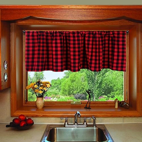 Miniatura 5 de HTFDStar 2 cenefas a cuadros de búfalo, cortinas de ventana a cuadros negros y rojos, cenefas con bolsillo para barra de diseño de granja para