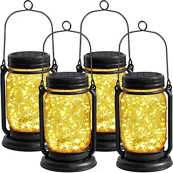 4 Pack Hanging Solar Lantern Lights,Vintage Mason Jar Solar Lights Outdoor Decorative Waterproof Table Light for Patio Yard Lawn Tree