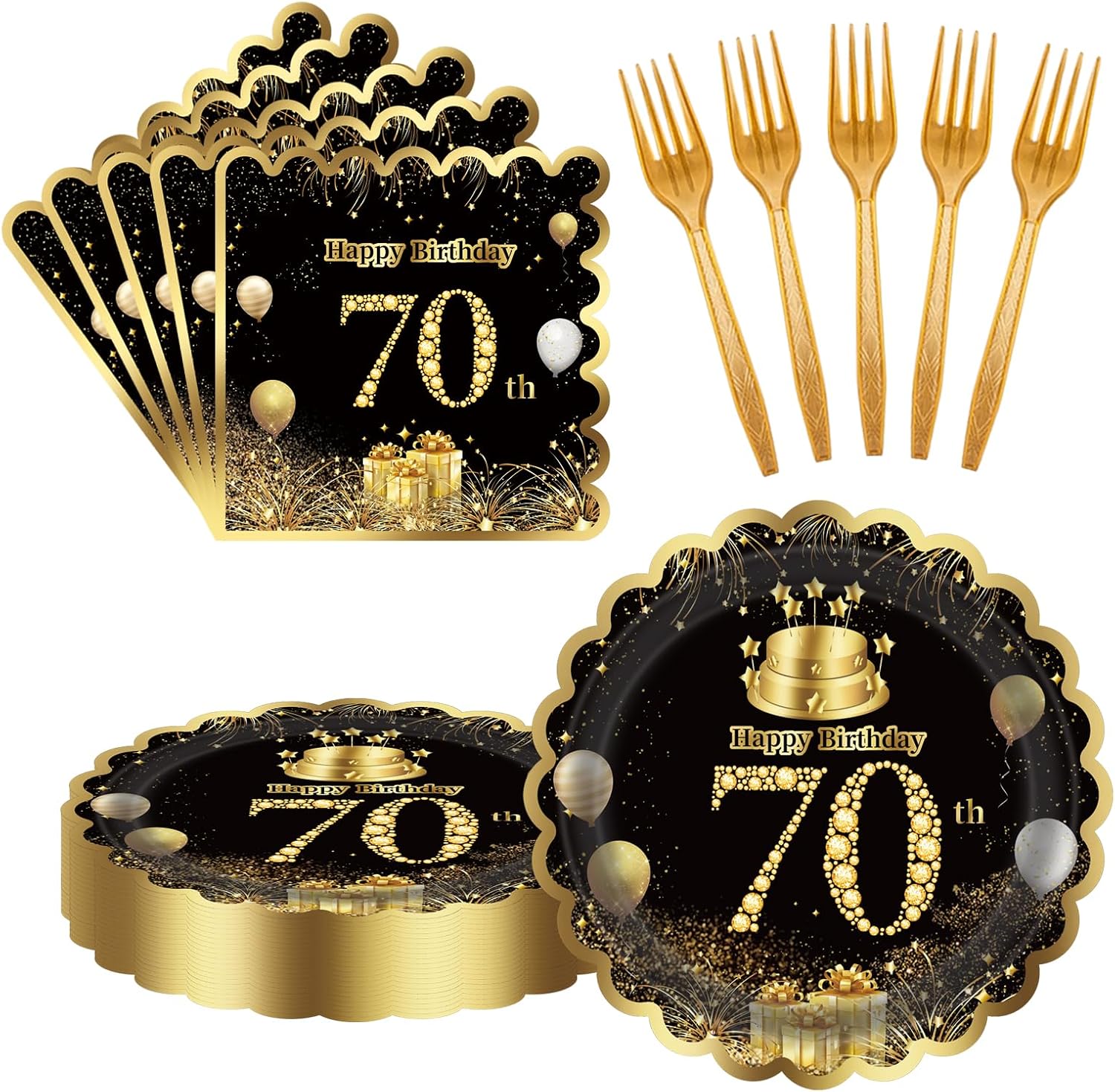 60 Pcs 70th Black gold Paper Plates and Napkins Forks Birthday Decorations