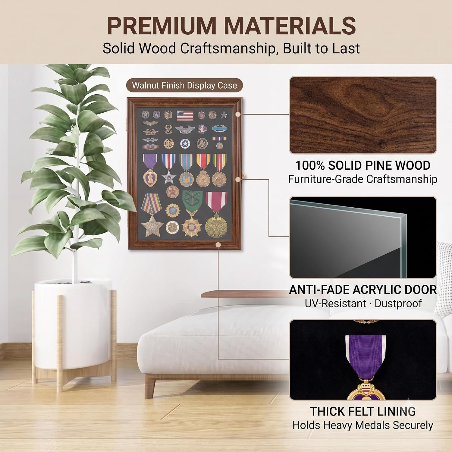 Walnut Solid Wood Medal Display Case, Lockable Shadow Box 11x15 in