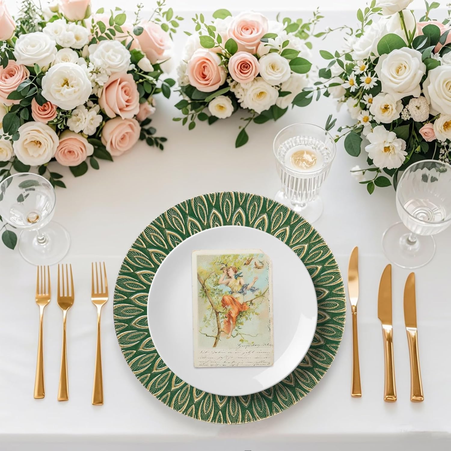 Green Charger Plates, 13 Inch Set of 6 Plastic Peacock Chargers for Dinner Plates,Table Settings, Easter, Thanksgiving, Christmas Party, Family Gathering. - Image 2