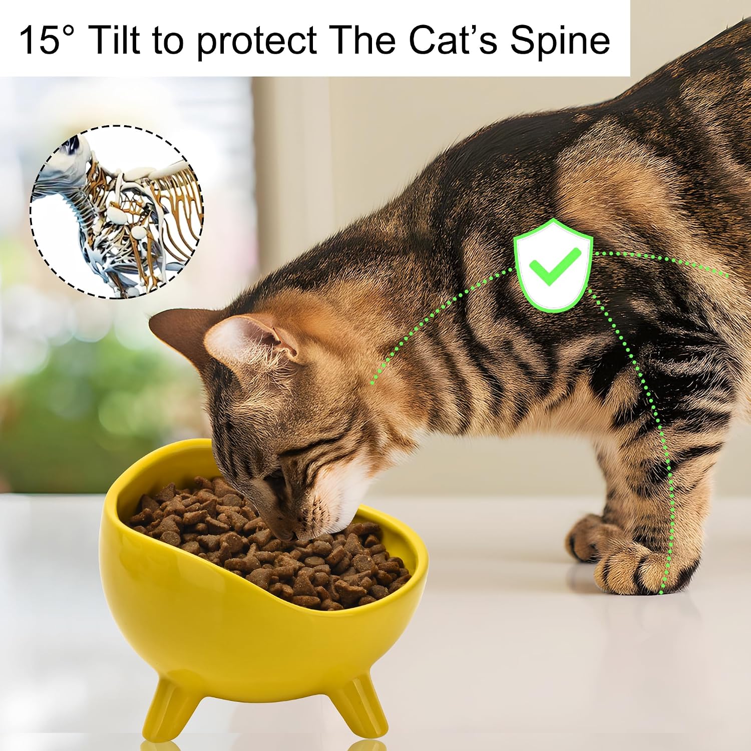 Ceramic Raised Cat Bowl,Elevated Cat Food Bowl for Indoor Cats, Anti Vomiting & Protect Pet's Spine,Cute Tilted Dish for Flat Faced Cats and Kitten (Yellow)