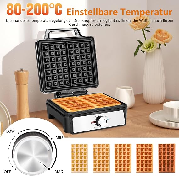 Aigostar Waffle Iron for 2 Belgian Waffles 1600 W Non-Stick Coating 20.2 x 17.2 x 2 cm Waffle Maker with Adjustable Temperature LED Display Compact Stainless Steel Design BPA and PFOA Free